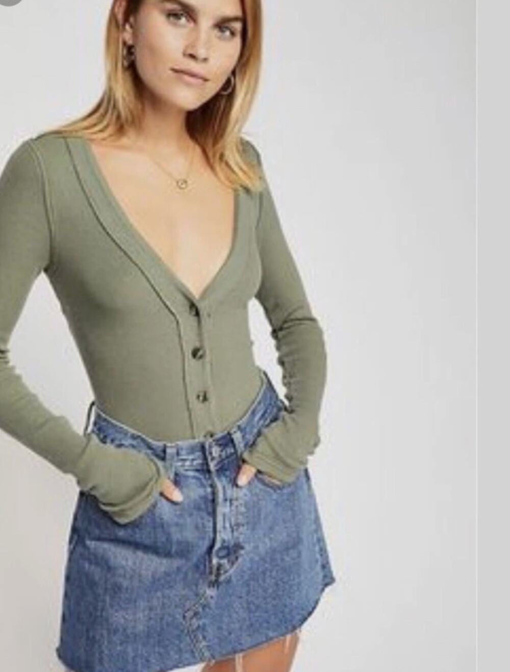 NWT Intimately Free People Army Green Long Sleeve Button-Up Bodysuit Large
